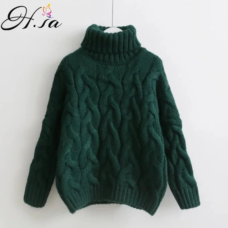 Hemp Knit TopsH.SA Women Turtleneck Sweaters Autumn Winter 2017 Pull Jumpers European Casual Twist Warm Sweaters Female oversized sweater Pull