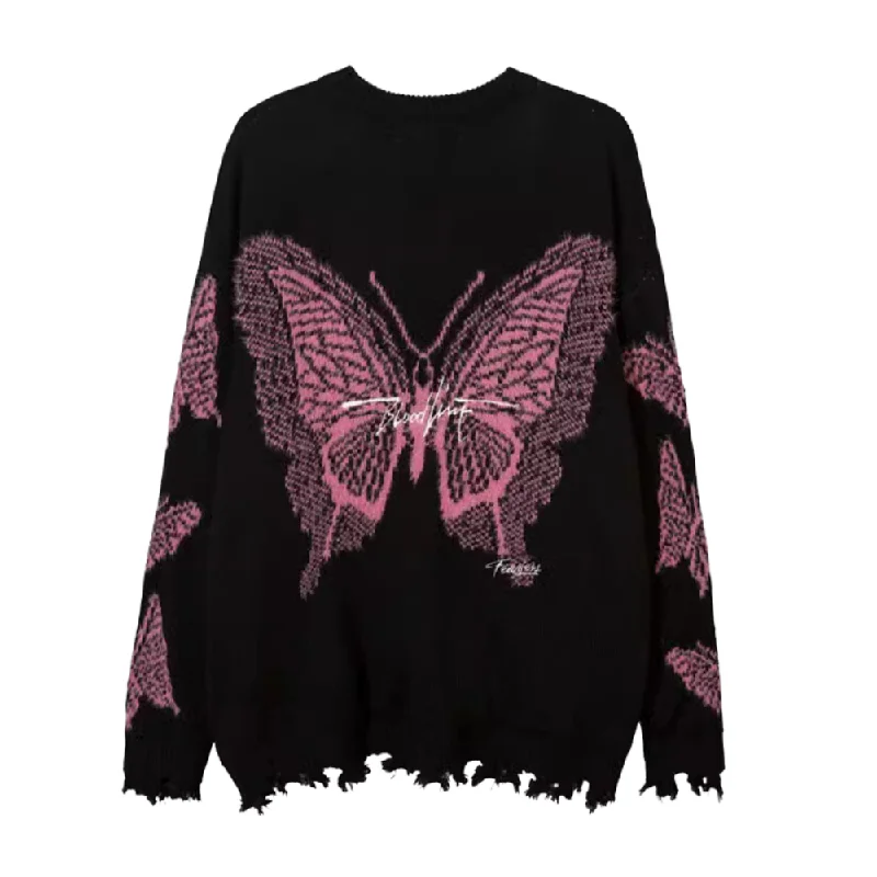 Crewneck Knit TopsHigh Street Butterfly Letter Jacquard Sweater