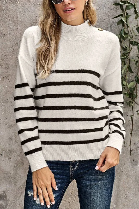 Angora Knit TopsTurtleneck Stripe Button Down Knitted Sweater Pullover