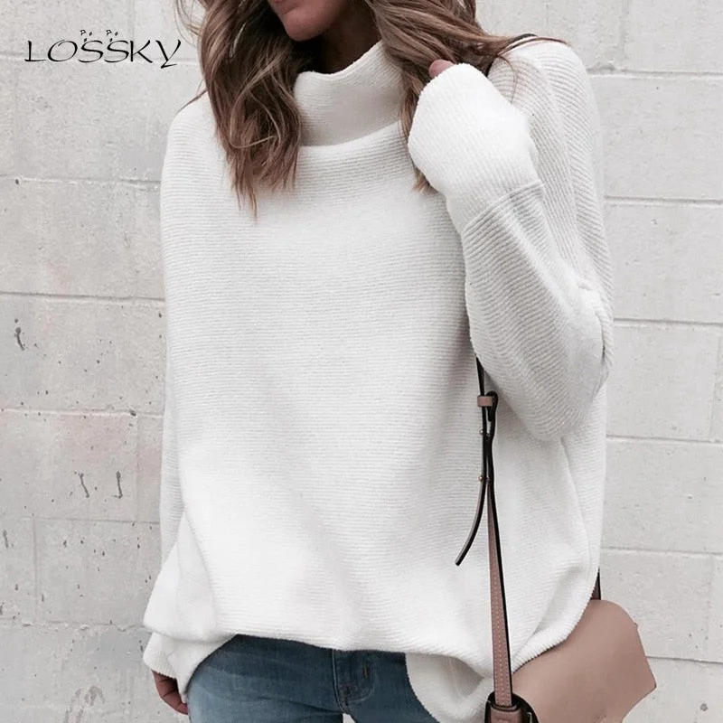 Acrylic Knit TopsLOSSKY Long Sleeve Autumn Winter Sweater Women White Knitted Sweaters Pullover Jumper Fashion 2018 Turtleneck Sweater Female