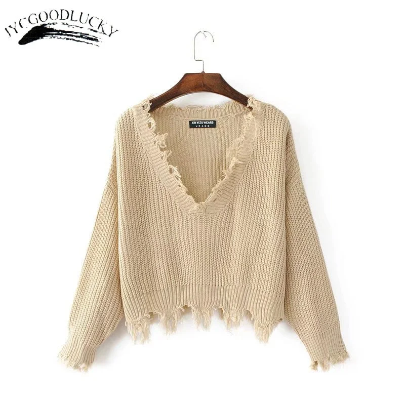 Cashmere Knit TopsNew Fashion 2019 Pullover Ripped Hole Sweaters Loose Jumper Casual White Sweater Women Knitting Sweaters Pull Long Sleev