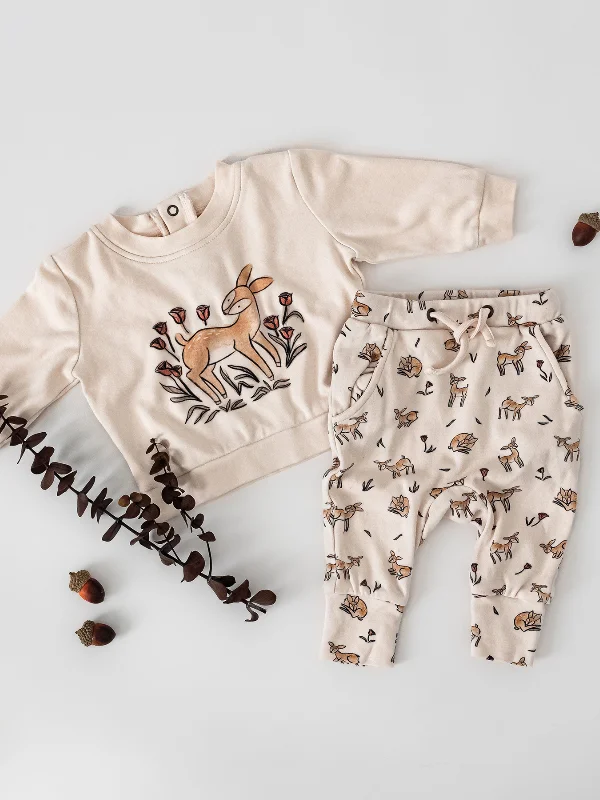 Linen Knit TopsOrganic Sweatshirt & Jogger Set, Doe-a-Deer