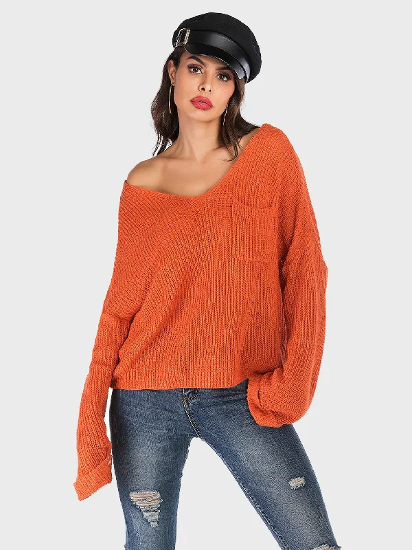 Velvet Knit TopsPerfee V-Neck Dropped Shoulder Long Sleeve Sweater