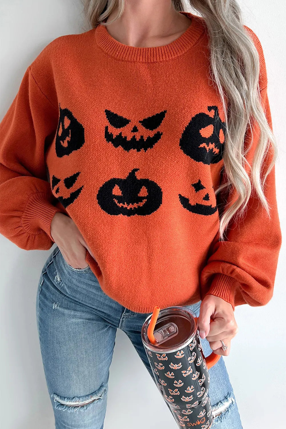 Fleece Knit TopsPumpkin Pattern Round Neck Sweater