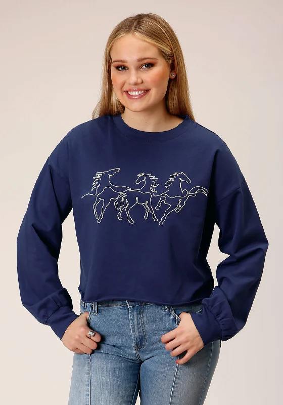 Leather-Paneled Knit TopsRoper Womens Broncos Blue 100% Cotton Sweatshirt