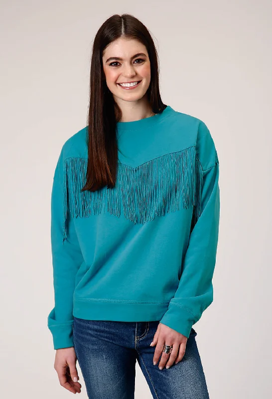 Metallic Knit TopsRoper Womens Fringe Turquoise 100% Cotton Sweatshirt