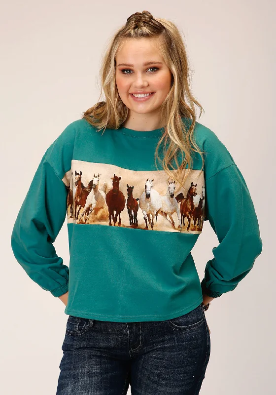 Hip-Hop Knit TopsRoper Womens Running Horses Blue 100% Cotton Sweatshirt