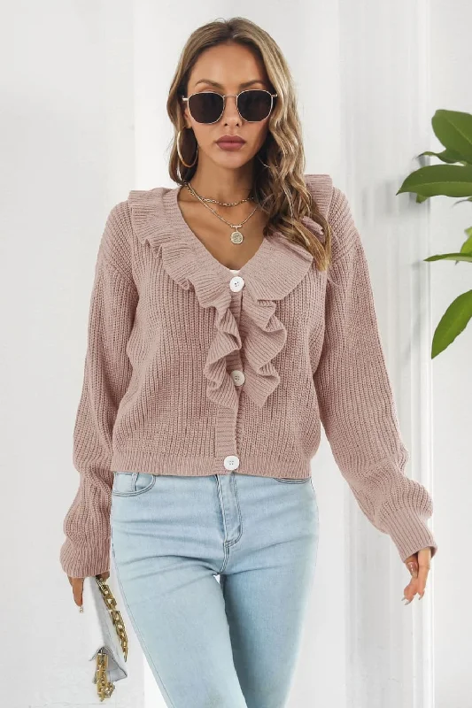 Cycling Knit TopsRuffle Trim Button-Down Dropped Shoulder Sweater