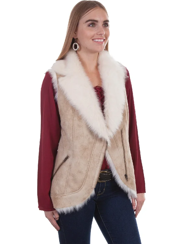 Linen Knit TopsScully Womens Beige Faux Fur Boho Vest L