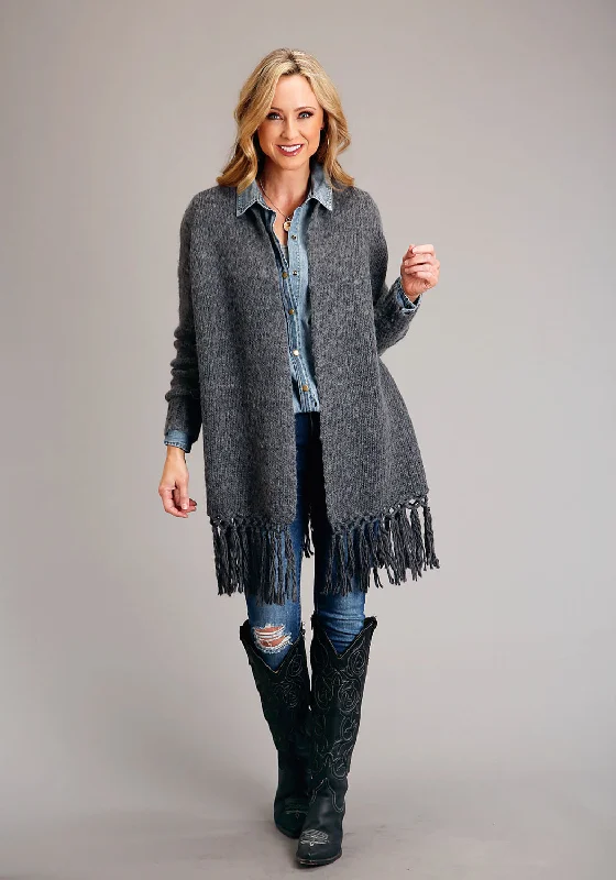 Beaded Knit TopsStetson Womens Heather Fringe Grey Wool Blend Cardigan Sweater