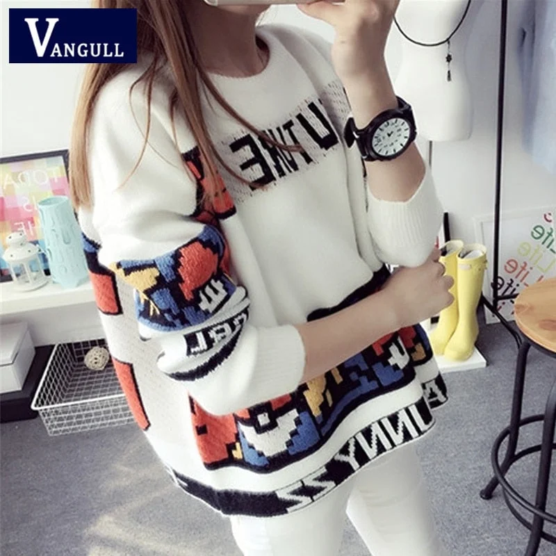 Painted Knit TopsVangull Letter Print Sweater Preppy Style Knitted Pullovers 2019 Autumn Fashion Long Sleeve O-Neck Women Sweaters and Pullovers