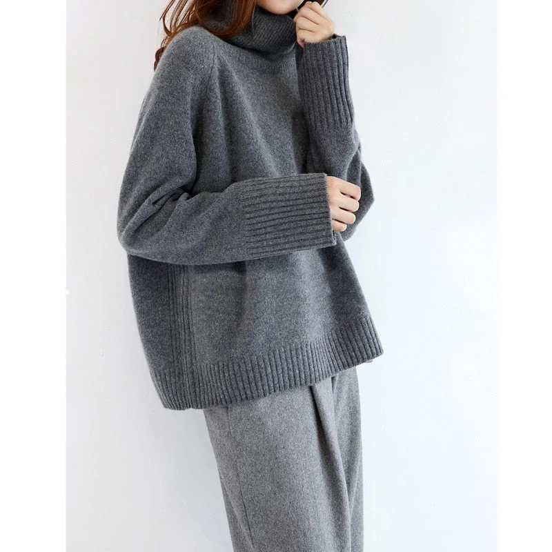 Zippered Knit TopsWinter New Fashion Cashmere Wool Women Warm Solid Sweaters Casual Full Sleeve Turtleneck Loose Pullovers Computer Knitt