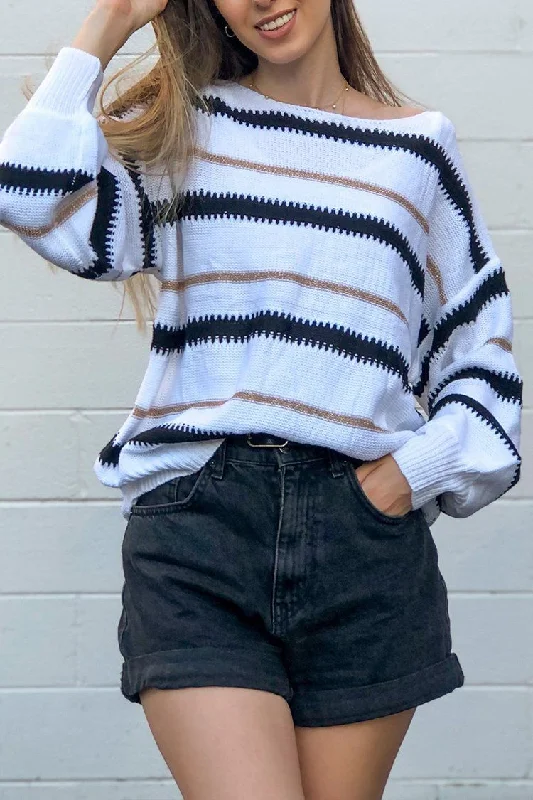 Cable Knit TopsCrewneck Striped Color Block Oversized Knitted Sweater