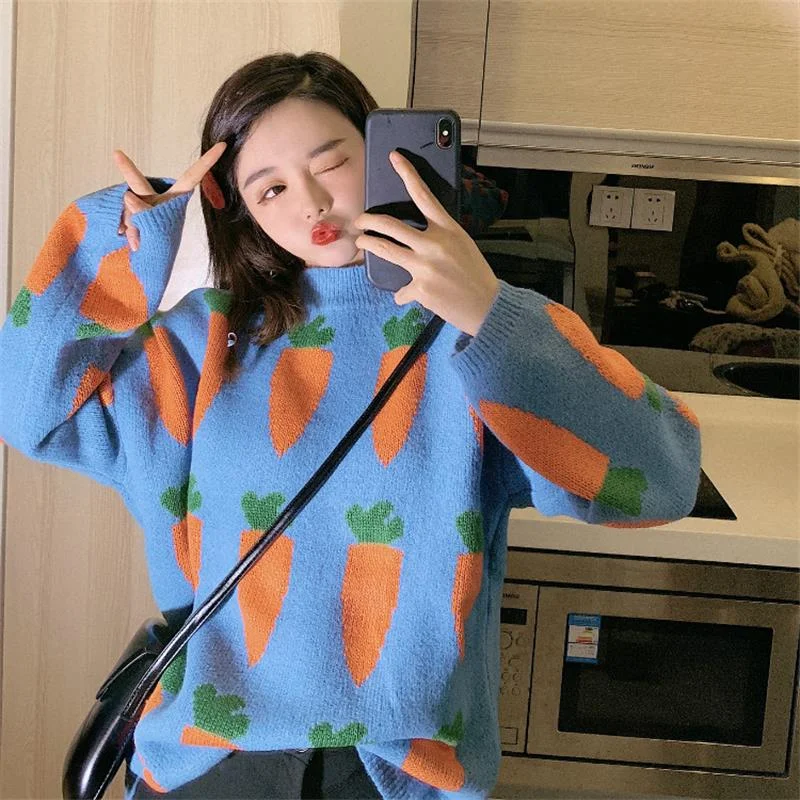 Organic Cotton Knit TopsWomen's Clothing Cute Kawaii Thick Loose Carrot Embroidery Sweater Lady Harajuku Ulzzang Sweaters For Women Ulzzang Knitted