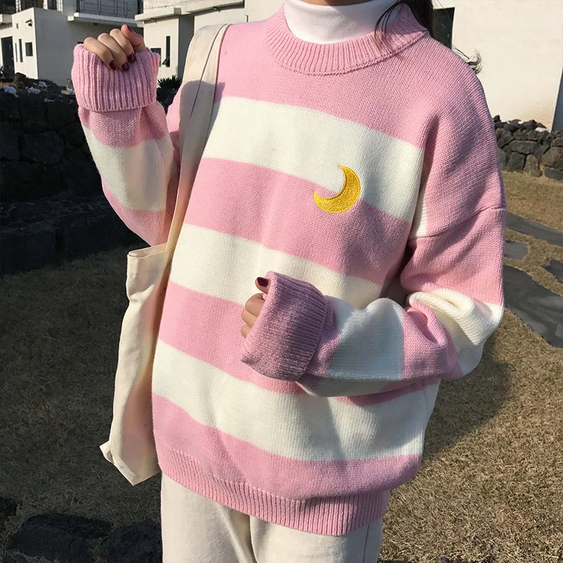 Hiking Knit TopsWomen's Sweaters Kawaii Ulzzang College Candy Color Stripes Moon Sets Embroidery Sweater Female Harajuku Clothing For Women