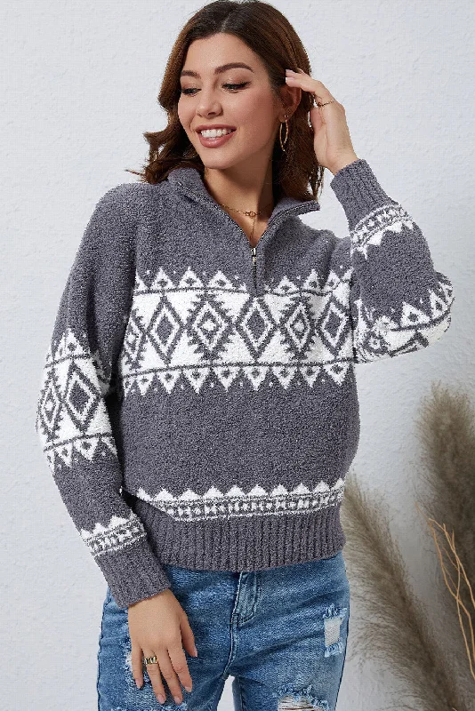 Embellished Knit TopsZip-Up Geometrical Pattern Pullover Sweater