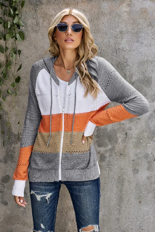 Pocketed Knit TopsZip-Up Raglan Sleeve Openwork Hooded Cardigan