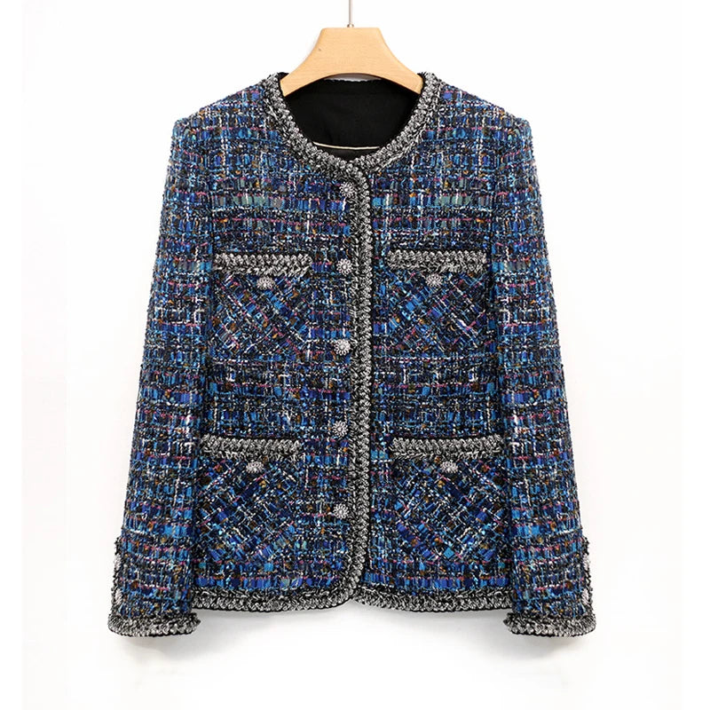 Leather JacketsBlue Tweed Jacket for Women - High-End Socialite Classic