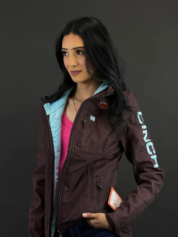 Military JacketsCinch Womens Brown Softshell w/Blue Logo on Sleeve & Full Zip, Concealed Carry Pocket