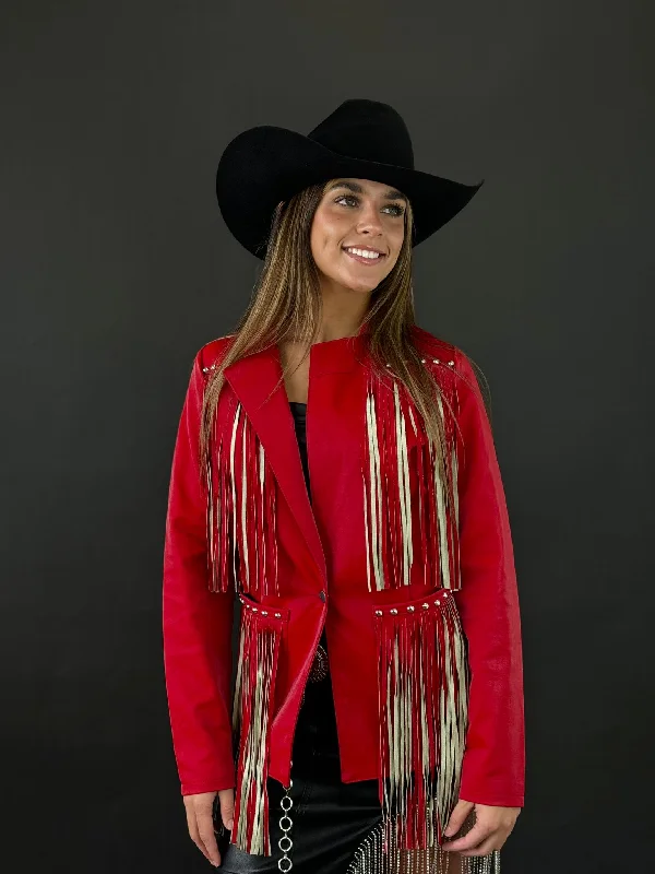 Festival JacketsRock&Roll Womens Long Red Jacket with Fringe Back