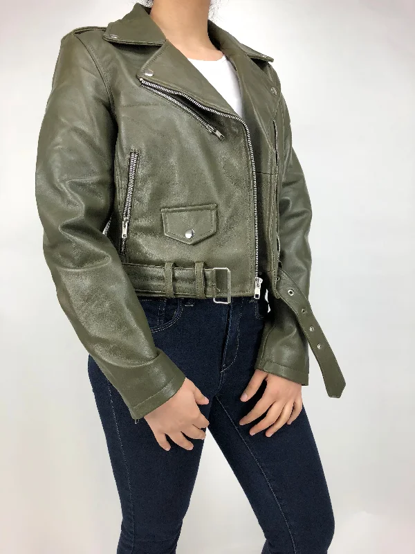 Asymmetrical JacketsWomen's Classic Biker Olive Green [Slim Fit]