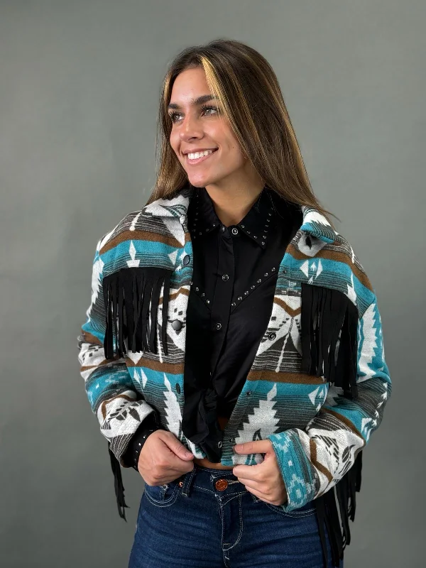 Track JacketsLUCKY & BLESSED WESTERN AZTEC BLACK FRINGE SNAP JACKET