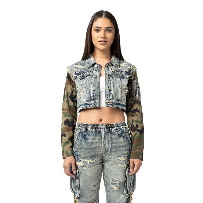 Polyester JacketsMix Media Cropped Jean Jacket - Florence Blue