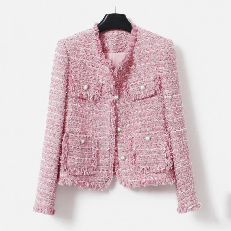 Hunting JacketsPink Women's Coarse Tweed Jacket - Autumn/Winter Socialite Tassel Design