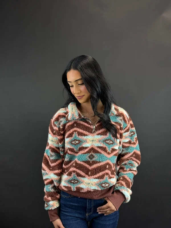 Cropped JacketsRock&Roll Womens Brown & Teal All Over Print Pullover