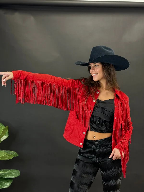 Casual JacketsRock&roll Womens Short Suede Fringe Coat Red