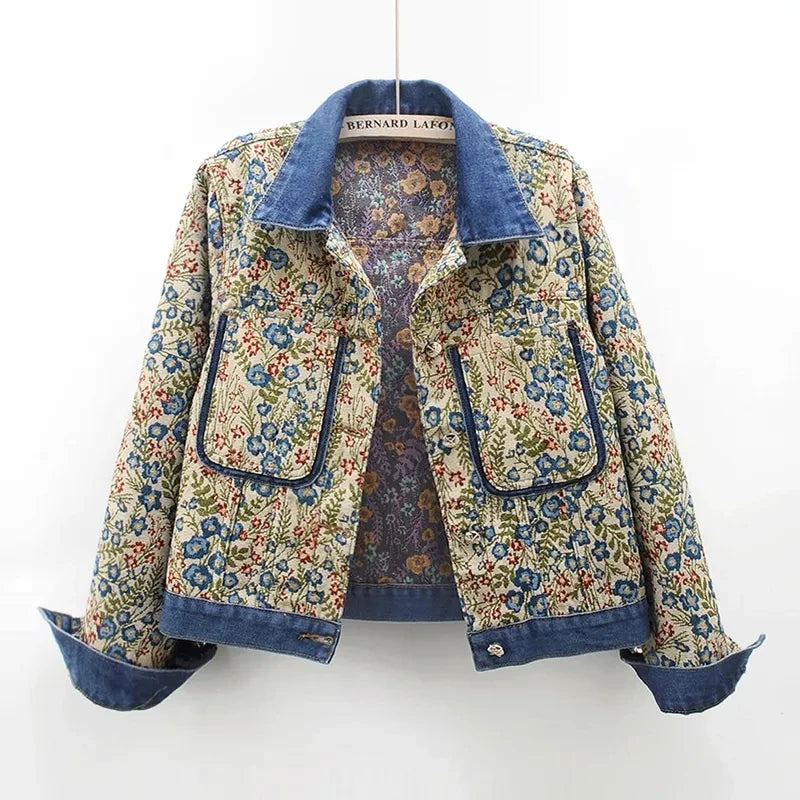 Winter JacketsVintage Jacquard Embroidery Denim Jacket for Women