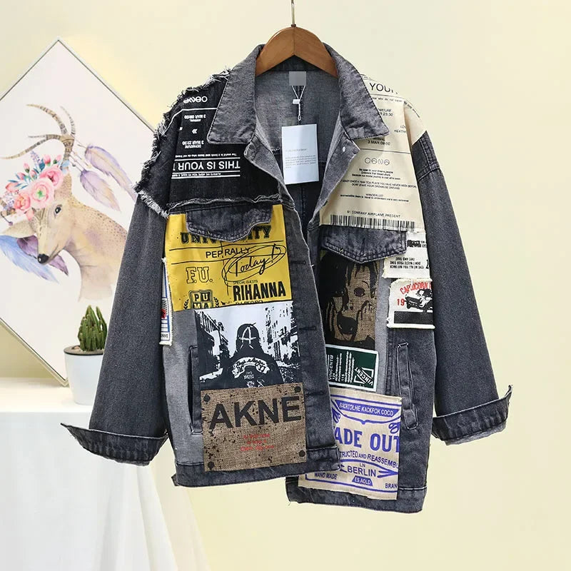 Casual JacketsVintage Patchwork Denim Jacket - Trendy Graphic Design