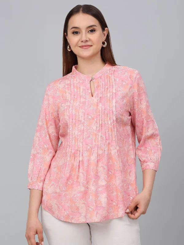 Velvet JacketsWomen Pink Printed Mandarin Collar Casual Tunic