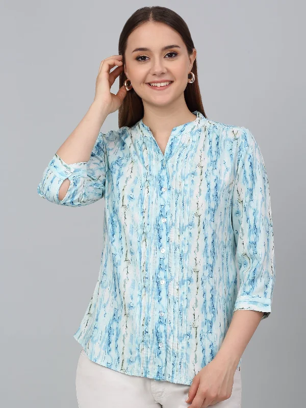 High-Fashion JacketsWomen Sky Blue Printed Mandarin Collar Casual Tunic