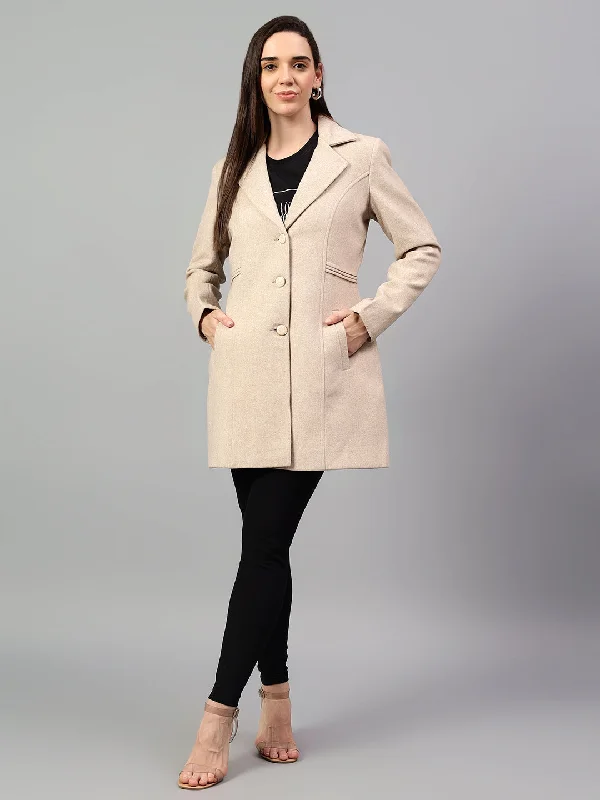 Statement JacketsWomen's Beige Solid Full Sleeves Winter Long Coat