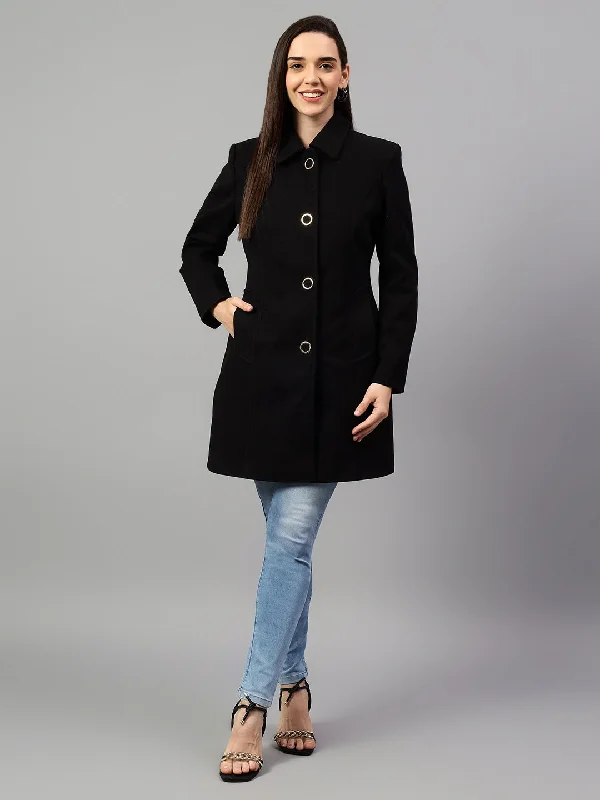 Windproof JacketsWomen's Black Solid Full Sleeves Winter Long Coat