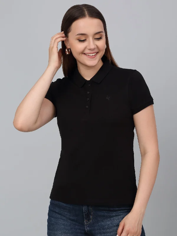 Windproof JacketsWomen's Black Solid Polo Neck Casual T-Shirt