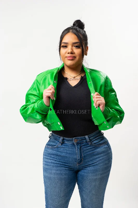 Waterproof JacketsWomen's Crop Leather Varsity Jacket [Green]