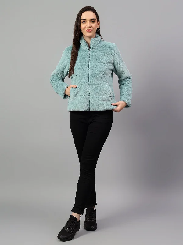 Cotton JacketsWomen's Green Solid Full Sleeves Winter Jacket