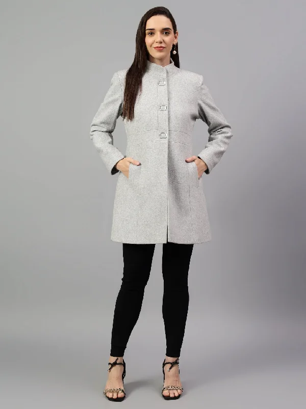 Punk JacketsWomen's Grey Solid Full Sleeves Winter Long Coat