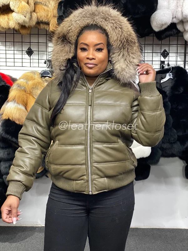 Sequined JacketsWomen's Leather Snorkel Bomber Jacket Premium Racoon Fur Hood [Olive]