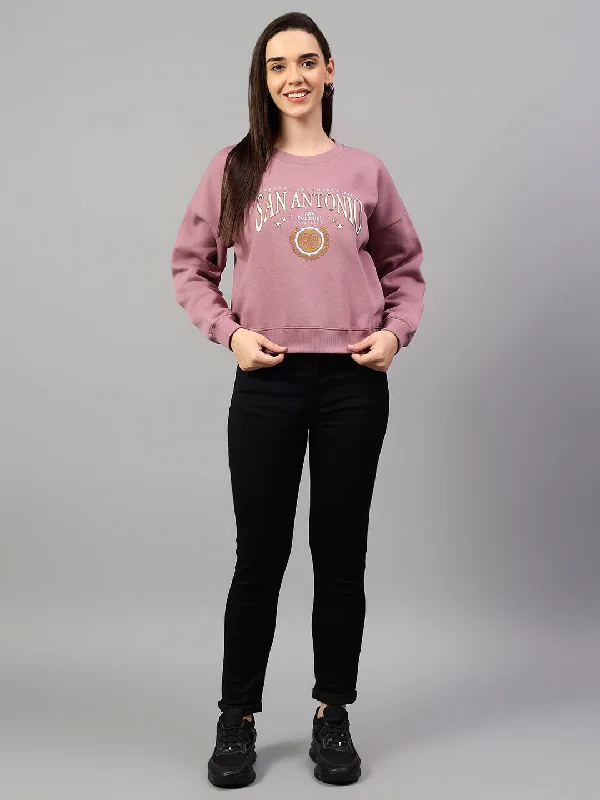 WindbreakersWomen's Mauve Printed Round Neck Crop Sweatshirt