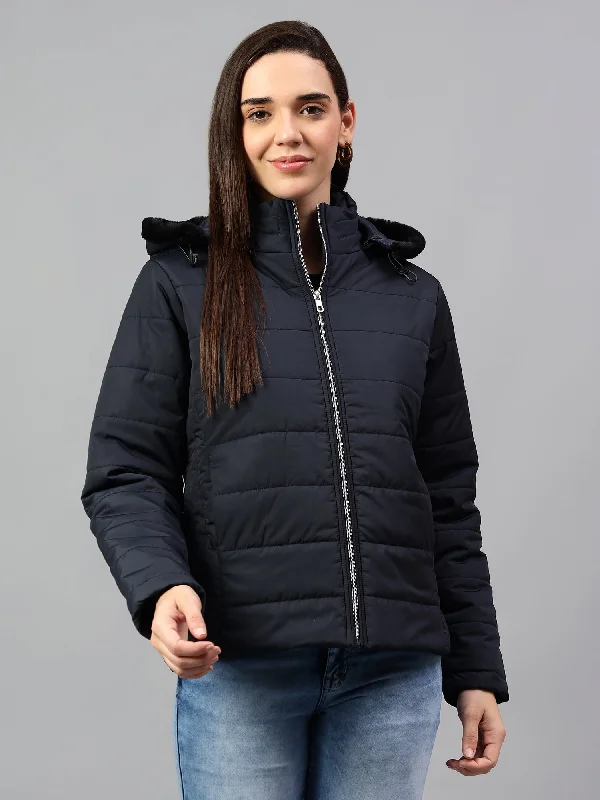 Punk JacketsWomen's Navy Blue Solid Full Sleeves Winter Jacket