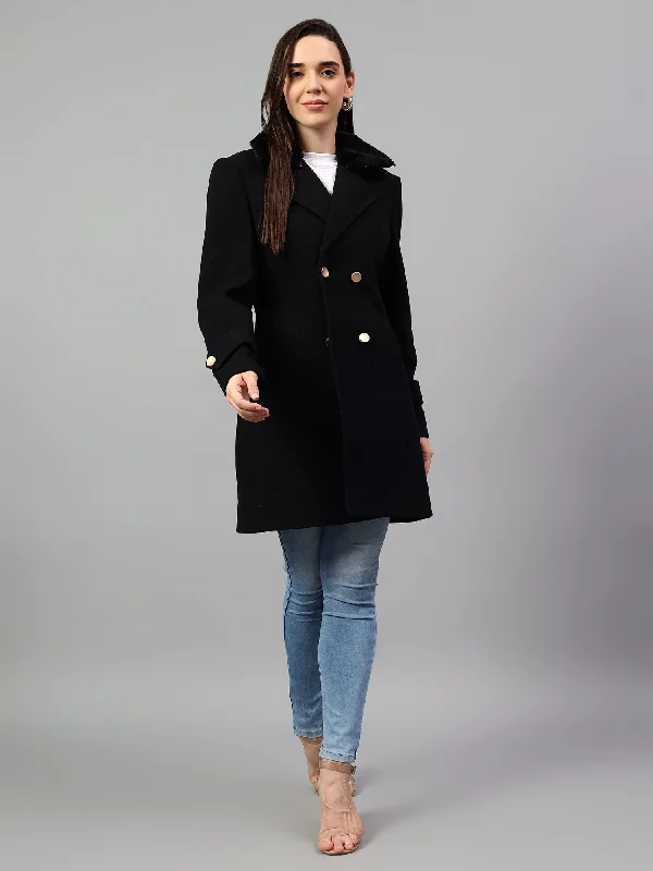 Sherpa JacketsWomen's Navy Blue Solid Full Sleeves Winter Long Coat