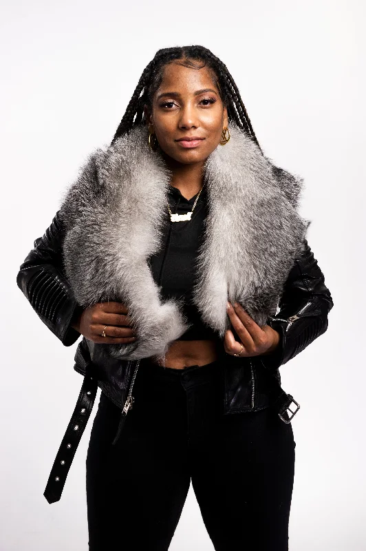 Track JacketsWomen's Trey Biker Black Oversized Fox Collar [Silver Fox Fur]