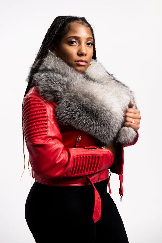 Glitter JacketsWomen's Trey Biker Red Oversized Fox Collar [Silver Fox Fur]