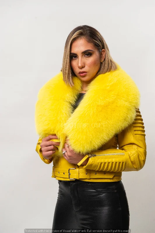 Casual JacketsWomen's Trey Biker Yellow Oversized Fox Collar [Yellow Fox Fur]