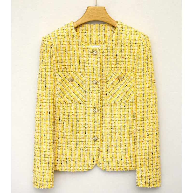 Motorcycle JacketsYellow Luxury Woven Tweed Coat - Small Fragrance Jacket