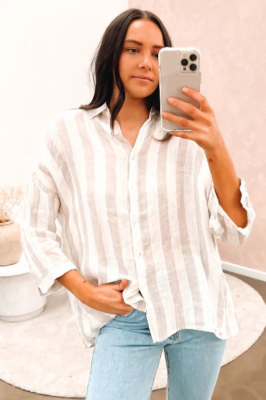 Graphic ShirtsAleena Linen Shirt Beige Stripe