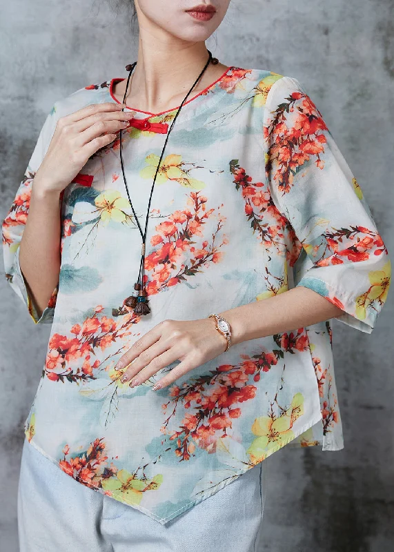 Wrap ShirtsApricot Print Linen Shirt Top Chinese Button Summer